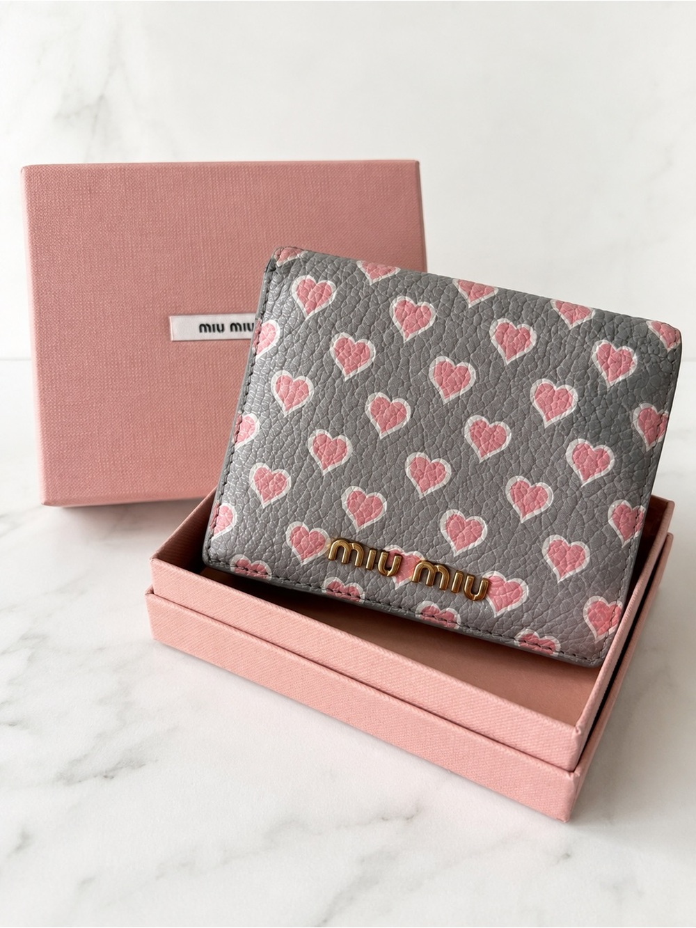 Miu Miu Gray Pink Heart Print Wallet 5ML014